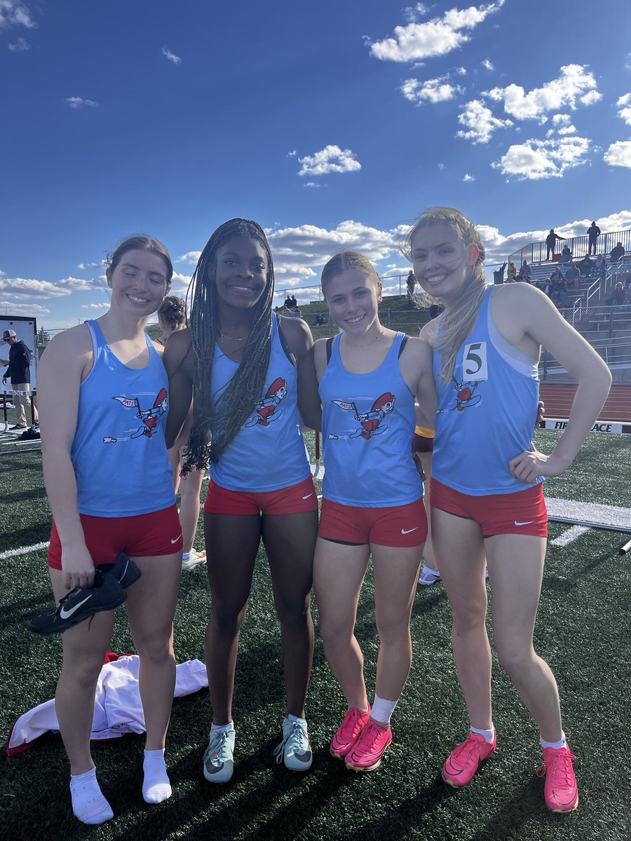 Girls 4x100m relay (from left to right: Ellen Merkley, Faith Kpeayeh, Ella Termaat, and Linnea Nesheim) placed FIRST with a time of 49.56s!! 🥇🎉 #AWinningTradition #GoGirls