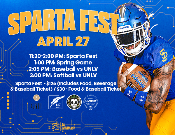 Join us this Saturday for Sparta Fest! 🔵🟡🏈 Brew and Vine festivities begin at 11 a.m., with the @SanJoseStateFB Spring Game set for 1 p.m.! Tickets and more information are available here: ow.ly/Z1Or50RmJ8Q #AllSpartans #SpartanLife #SJSU