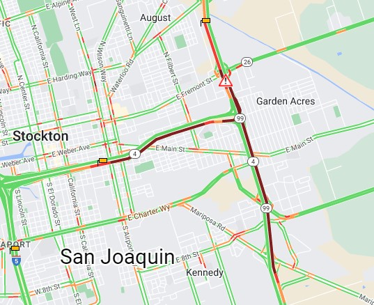 #TrafficAlert #Stockton All lanes of northbound SR-99 are blocked at SR-26/Fremont Street due to traffic incident. No ETO. Seek alternate route. #knowbeforeyougo with quickmap.dot.ca.gov
