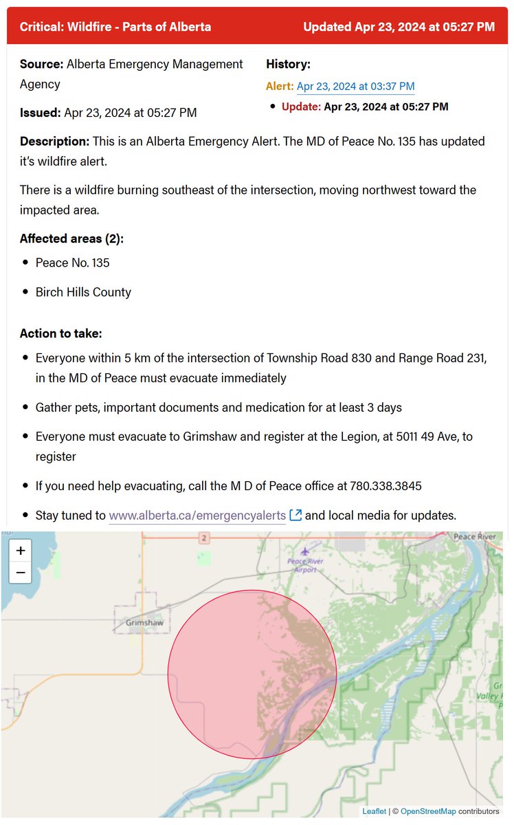 Everyone within 5 km of the intersection of Township Road 830 and Range Road 231, in the MD of Peace must evacuate immediately

Gather pets, important documents and medication for at least 3 days

alberta.ca/aea/cap/2024/0…

#PeaceRiver #Alberta #abfires #albertawildfire