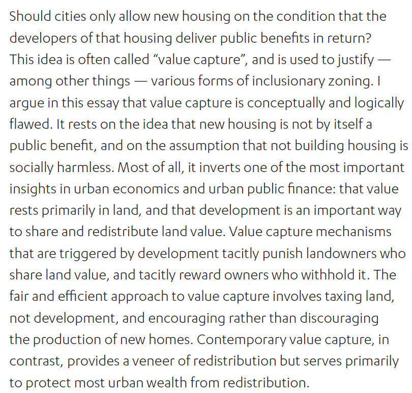 Capturing the value of upzones by mandating affordabity is one of those policies that seems justified, but when you unpack it, it's actually deeply flawed. This great UCLA paper that spells it all out. Reads spot on to me. Does anyone have a convincing rejoinder to it?