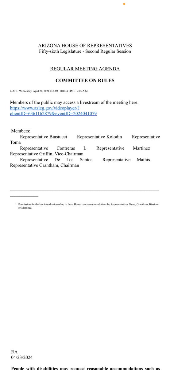 New: Arizona Republicans to consider “permission for the late introduction of up to three House concurrent resolutions by Representatives Toma, Grantham, Biasiucci or Martinez,” ahead of expected debate on 1864 abortion law. Background: wapo.st/3U56oXG @CAKitchener