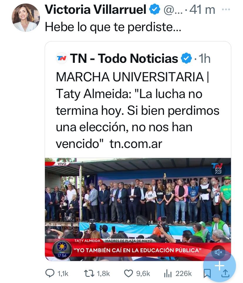 Mi total repudio a los dichos de la vicepresidenta Villaruel, no respetar la memoria de una compañera ya fallecida como Hebe, es muy bajo y de muy mal gusto. Usted no tiene idea del rol institucional que está representando, debería aprender sobre educación cívica.