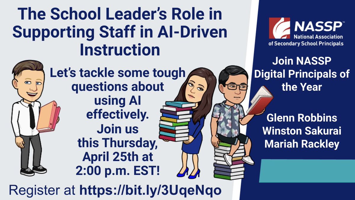 Wondering how AI fits into instruction? Curious about your role as a school leader? Join @GlennGRobbins, @winstonsakurai, & me as we facilitate this @NASSP webinar this Thursday! Use the link bit.ly/3UqeNqo to register & join our conversation about AI-Driven Instruction.