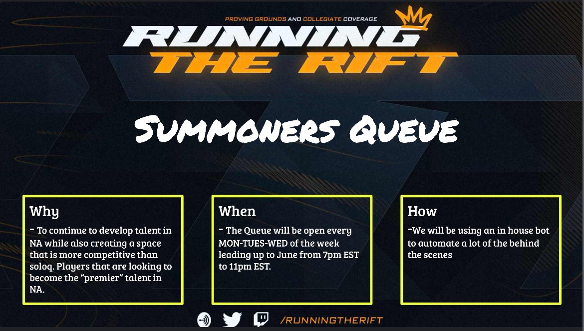 Our next project is to continue to create and foster a positive place for development and competition. 

Tired of trying to improve in a lacklustre soloq environment? 

In-house servers dying after 2 weeks? 

Heres our solution. 

Summoners queue. 

More information to come