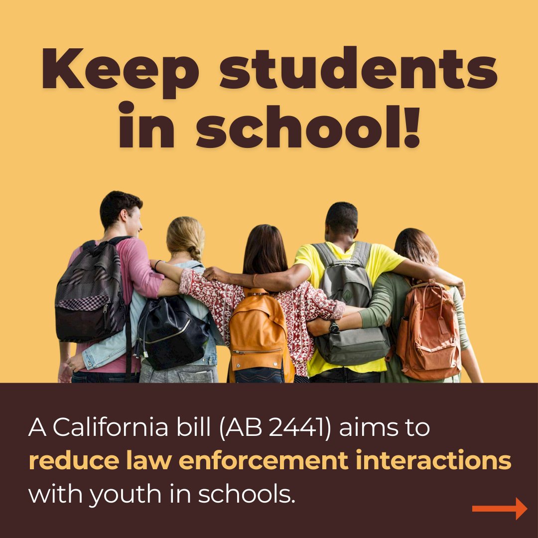 Decades of research demonstrate that minor interactions with law enforcement or the criminal legal systems can cause long-term harm to young people. Earlier this year, a new California bill (#AB2441) was introduced aimed at transforming school discipline in the state! 👏 1/3