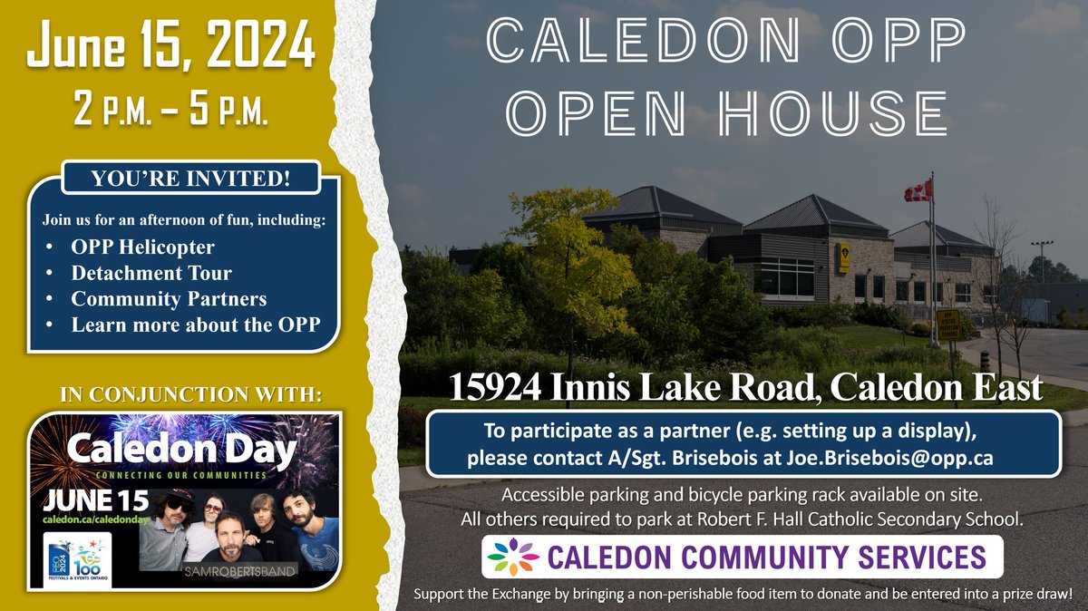 The #CaledonOPP annual Open House is back! You're invited to visit our detachment on June 15, 2024, from 2-5pm. See the flyer for details! ^jn
