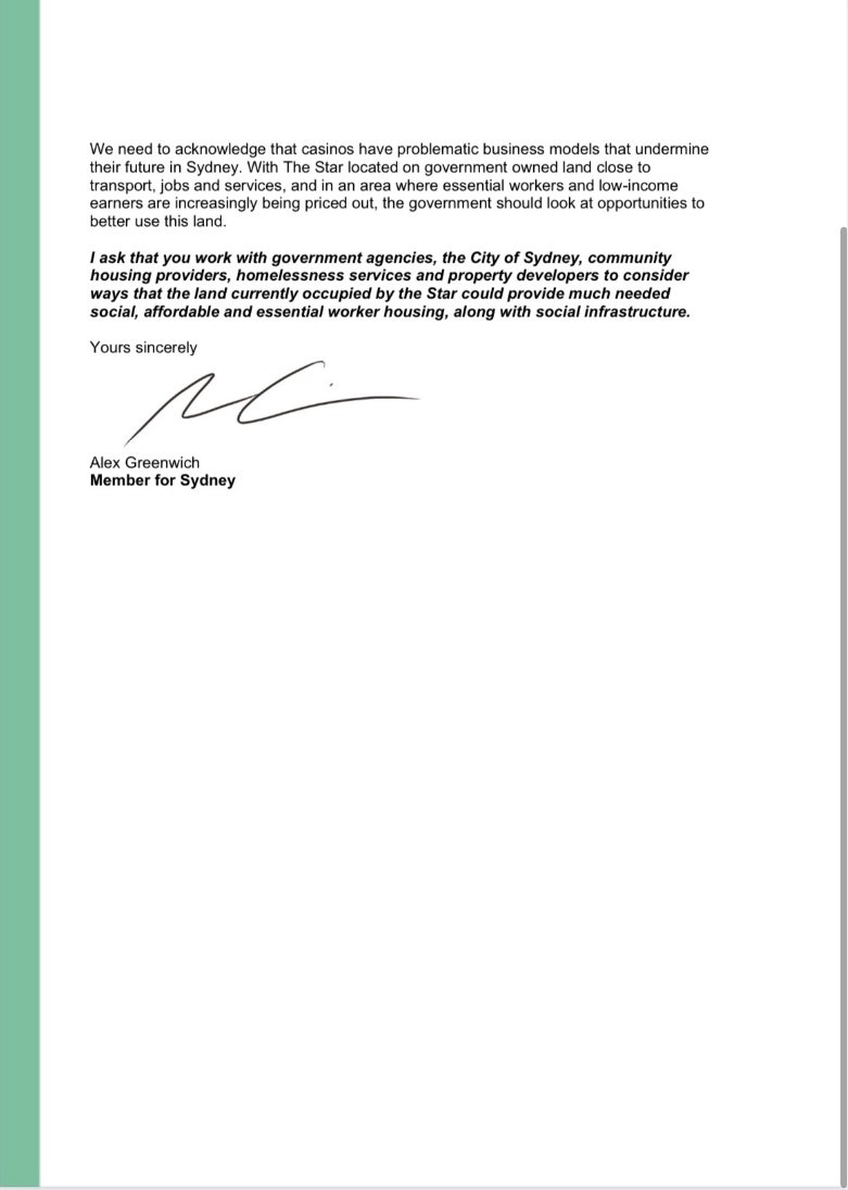 Greenwich to Minns: Convert The Star Casino to Housing Dear Premier, I write to request the NSW Government investigate converting the government owned land currently occupied by The Star Casino for mixed social, affordable, transitional, essential worker and private housing,