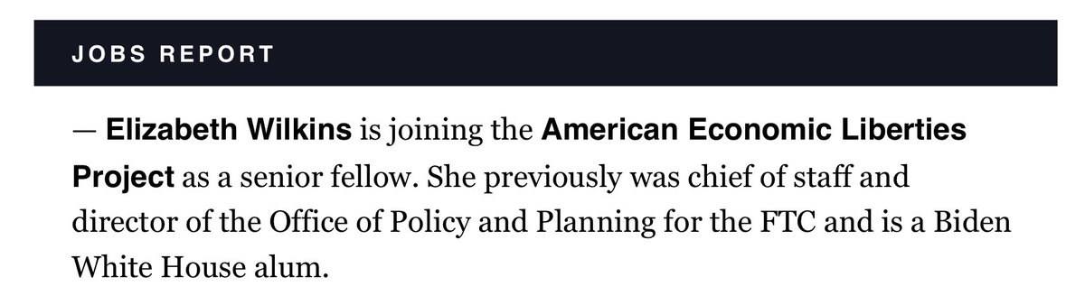 The revolving door between the American Economic Liberties Project and Lina Khan’s FTC continues to spin. AELP founder Sarah Miller currently serves as Khan’s Chief of Staff. 

More about the cozy relationship between left-wing groups and the FTC here dailycaller.com/2024/04/04/tom… 👇