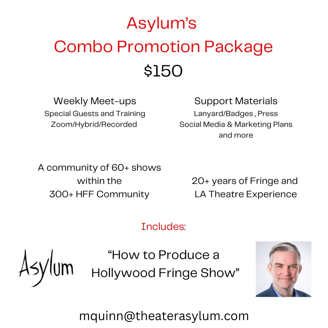 Asylum (@theaterasylum) on Twitter photo #fringers Join ASYLUM PROMOTION PACKAGE, and “How to Produce a Hollywood Fringe Show” video-tapped copy. Email or call Matthew Quinn at mquinn@combinedartform.com or 415-336-0513 with any questions. #HFF24 #HOLLYWOOD #FRINGE #EDFRINGE #SOHOPLAYHOUSE #WORKSHOP #LOSANGELES #fringers Join ASYLUM PROMOTION PACKAGE, and “How to Produce a Hollywood Fringe Show” video-tapped copy. Email or call Matthew Quinn at mquinn@combinedartform.com or 415-336-0513 with any questions. #HFF24 #HOLLYWOOD #FRINGE #EDFRINGE #SOHOPLAYHOUSE #WORKSHOP #LOSANGELES