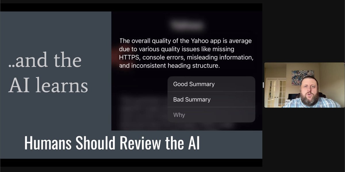 @jarbon . @jarbon breaks down how AI can evaluate webapps pinpointing areas to improve such as security protocols and content accuracy. He emphasizes the role of human supervision in AI.

#LambdaTestYourApps #SoftwareTesting #AI