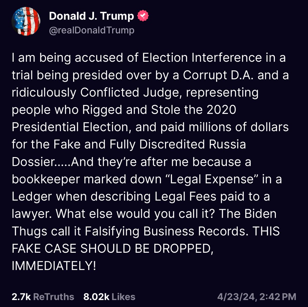 President Trump was indicted because a bookkeeper marked down “legal expense” when describing legal fees paid to a lawyer? 

That’s like getting a ticket for stopping at a red light…