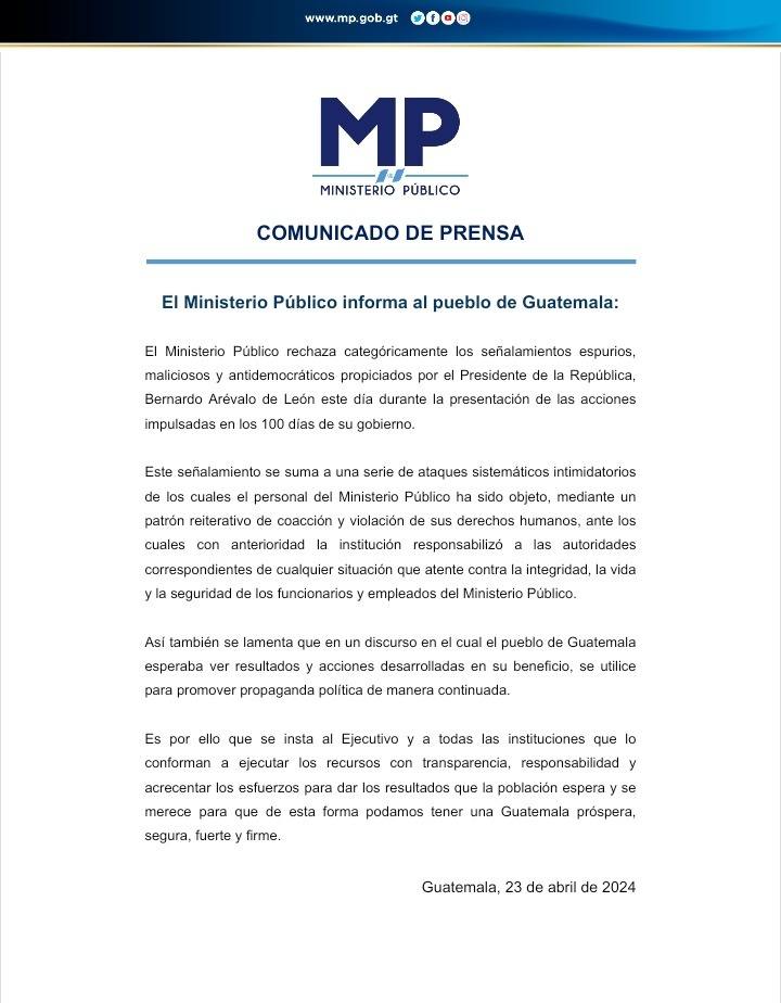 El @MPguatemala tacha de 'maliciosos y antidemocráticos' los señalamientos del presidente de #Guatemala @BArevalodeLeon y los enmarca en 'una serie de ataques sistemáticos e intimidatorios'.
