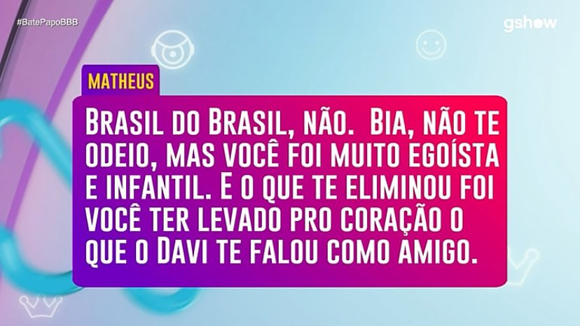 Matheus não aliviou pra Bia. Deu a real. #BatePapoBBB #BBB24

$TRIP $PARAM $BUBBLE  $BEYOND $SOMO
$PIXIZ
@playsomo
@PlayOverTrip 
@ParamLaboratory @Imaginary_Ones
@PlayGroundCorp
@SenderLabs @Pixiz_io

#BBB4 #BBCAN12 #NEWSカップリング楽曲投票2024 #Newsnight #newsおかえり