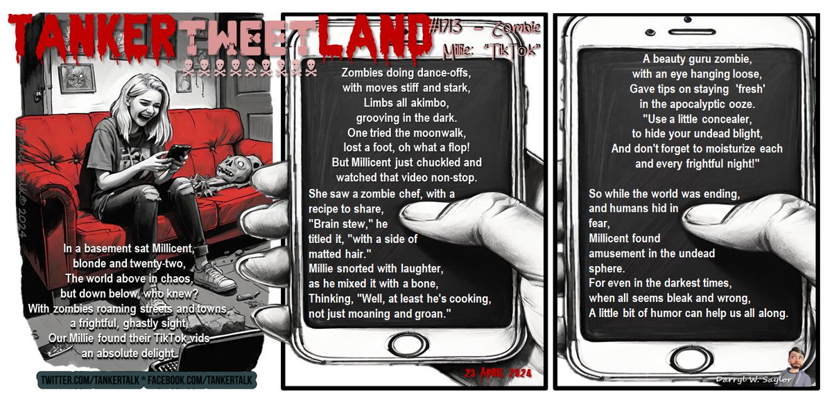 TankerTWEETland comix #1713: Zombie Millie - 'TikTok...”(4/23/2024) #webcomics #webcomic #comics #DiscoverComics #humor #humour #Satire #Memes #memes2024 #memesdaily #Millie #millicent #Zombie #zombieapocalypse #Coffee #Apocalypse #life #Death #TikTokライブ #PoemADay #poetry #lol