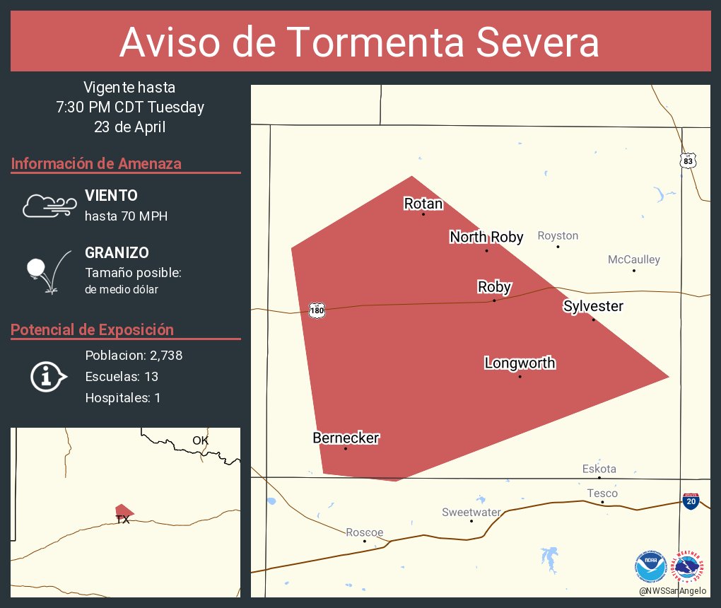 Aviso de Tormenta Severa incluye Rotan TX, Roby TX, North Roby TX hasta las 7:30 PM CDT. ¡Esta tormenta contiene ráfagas de vientos de 70 MPH!