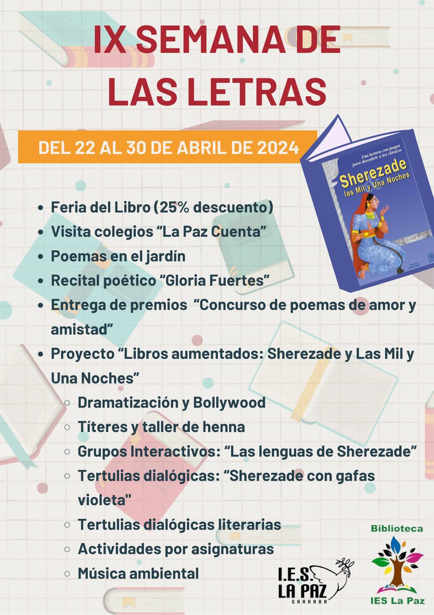 Otro año #BecreaLaPaz ilusionada en celebrar el #DiaInternacionalDelLibro 📚con actividades literarias y culturales con el alumnado del #IESLaPazGranada. Este año, en torno a #Sherezade