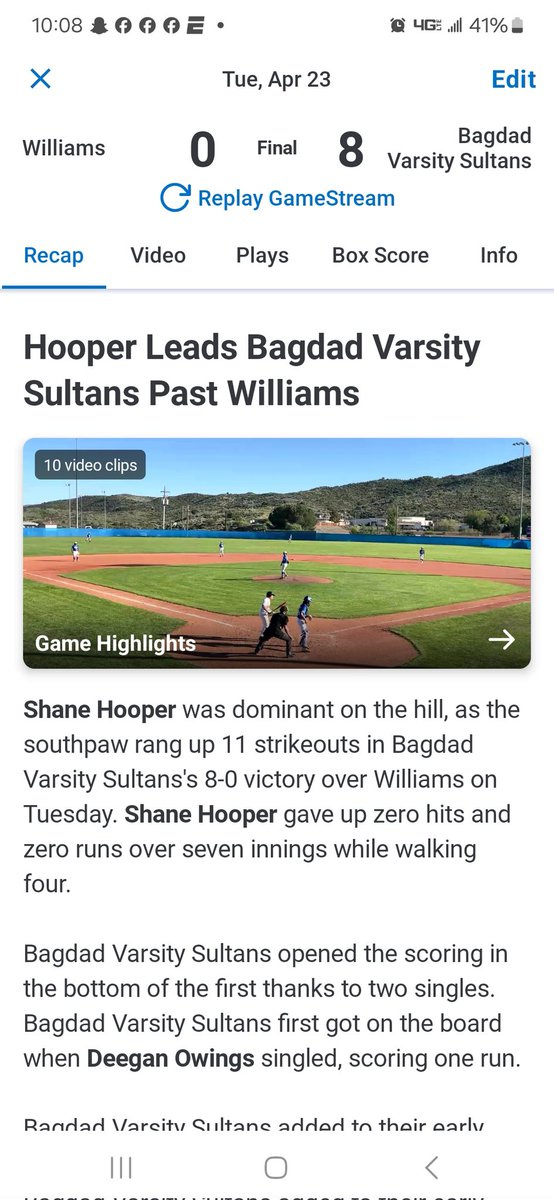 sultanbaseball5's tweet photo. I didn't get to celebrate it w/ my guy @ShaneTHooper like I wanted due to rushing through Sr Night and going to support the Lady Sultans in their big game,  but #7 is finishing strong 7 Innings of No Hit ball W/11K's &amp; was 3/4 at the Plate with 2 doubles &amp; 3 RBI https://t.co/dx8Icameet