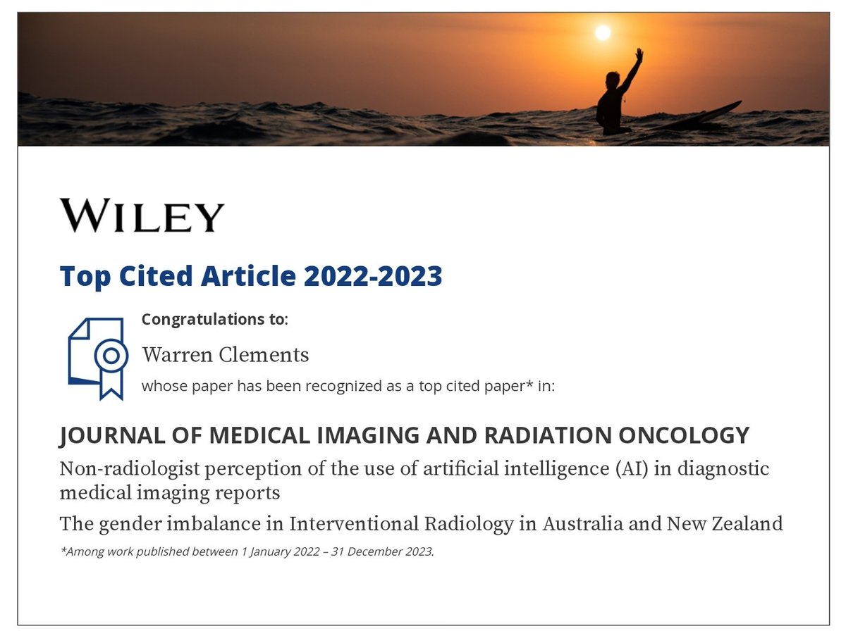 Thanks @JMIRO_Journal and @WileyBiomedical for the certificate, appreciate those who read and cite our papers! Clinical research is a team game, so great to share this with the Alfred Radiology research unit @AlfredHealth @MonashSTM @GGohIR @HeatherKateIR @MengLaw1 @matt_lukies