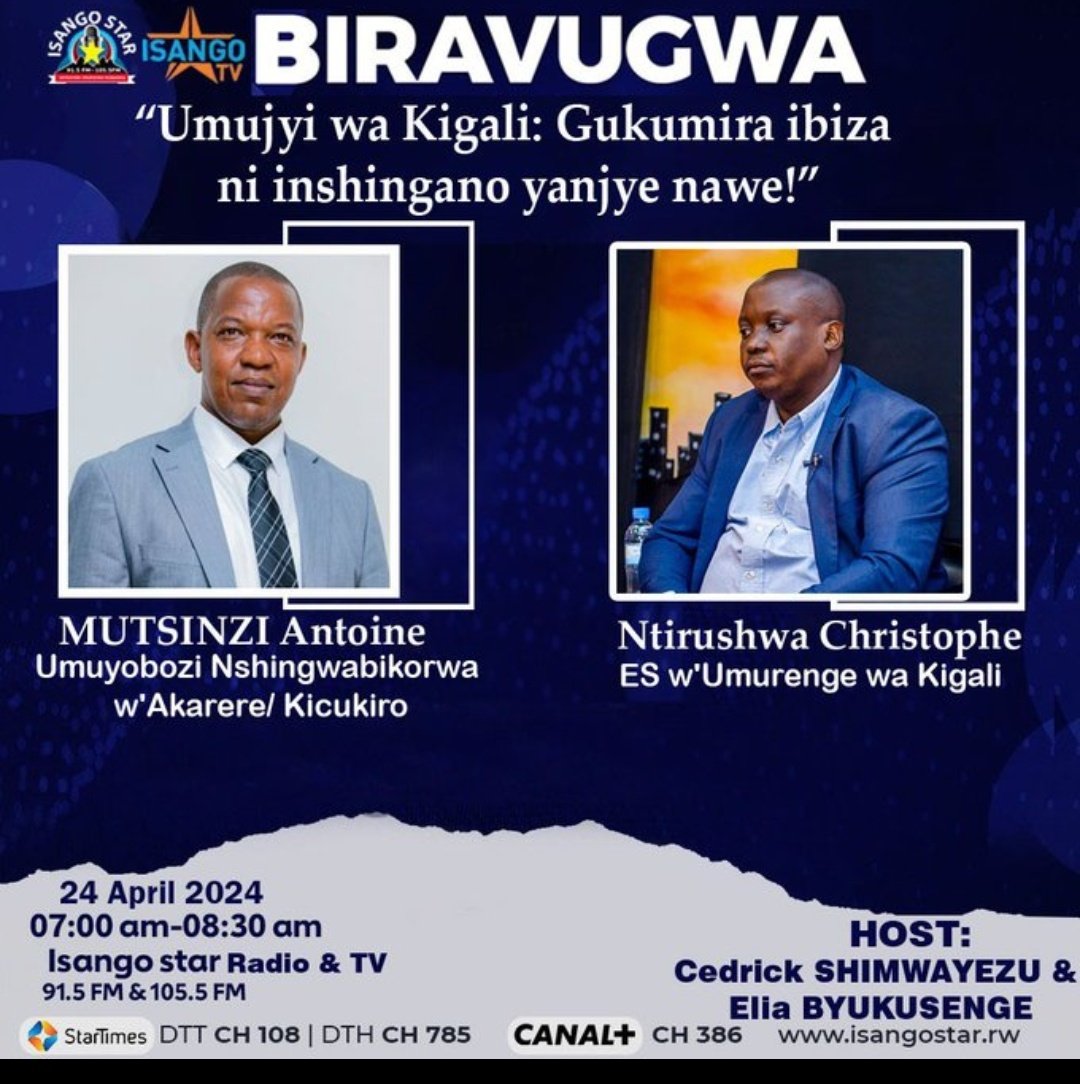 Mwakurikira ikiganiro biravugwa ku @isangostar kigaruka ku ingamba zo gukumira ibiza mu Mujyi wa #Kigali: -Gusibura imirwanyasuri n'inzira z'amazi; -Kwirinda kwambukiranya imigezi na ruhurura mu gihe cy'imvura; -Kuzirika ibisenge, kuberamisha imikingo n'ibindi.