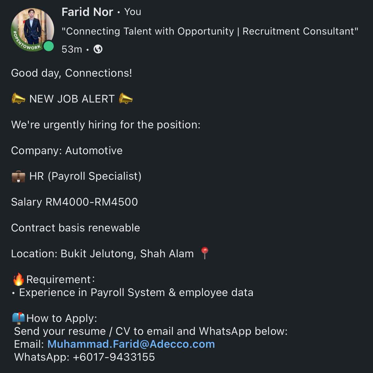 FaridNor (@muhammadfrd) on Twitter photo Hi Connection, im looking for candidate experience in Payroll System, immediate started.
#hiring #vacancy #job #bukitjelutung
<a href="/MauKerjaMY/">Maukerja</a> <a href="/Oh_KerjaKosong/">Oh Kerja Kosong</a> <a href="/kerjakosong123/">Kerja Kosong</a> <a href="/kerja_kosongMY/">Your Recruiter</a> <a href="/twt_kerjaMY/">TwtKerja</a> <a href="/sebarkerja/">Sebar Kerja</a> Hi Connection, im looking for candidate experience in Payroll System, immediate started.
#hiring #vacancy #job #bukitjelutung
<a href="/MauKerjaMY/">Maukerja</a> <a href="/Oh_KerjaKosong/">Oh Kerja Kosong</a> <a href="/kerjakosong123/">Kerja Kosong</a> <a href="/kerja_kosongMY/">Your Recruiter</a> <a href="/twt_kerjaMY/">TwtKerja</a> <a href="/sebarkerja/">Sebar Kerja</a>
