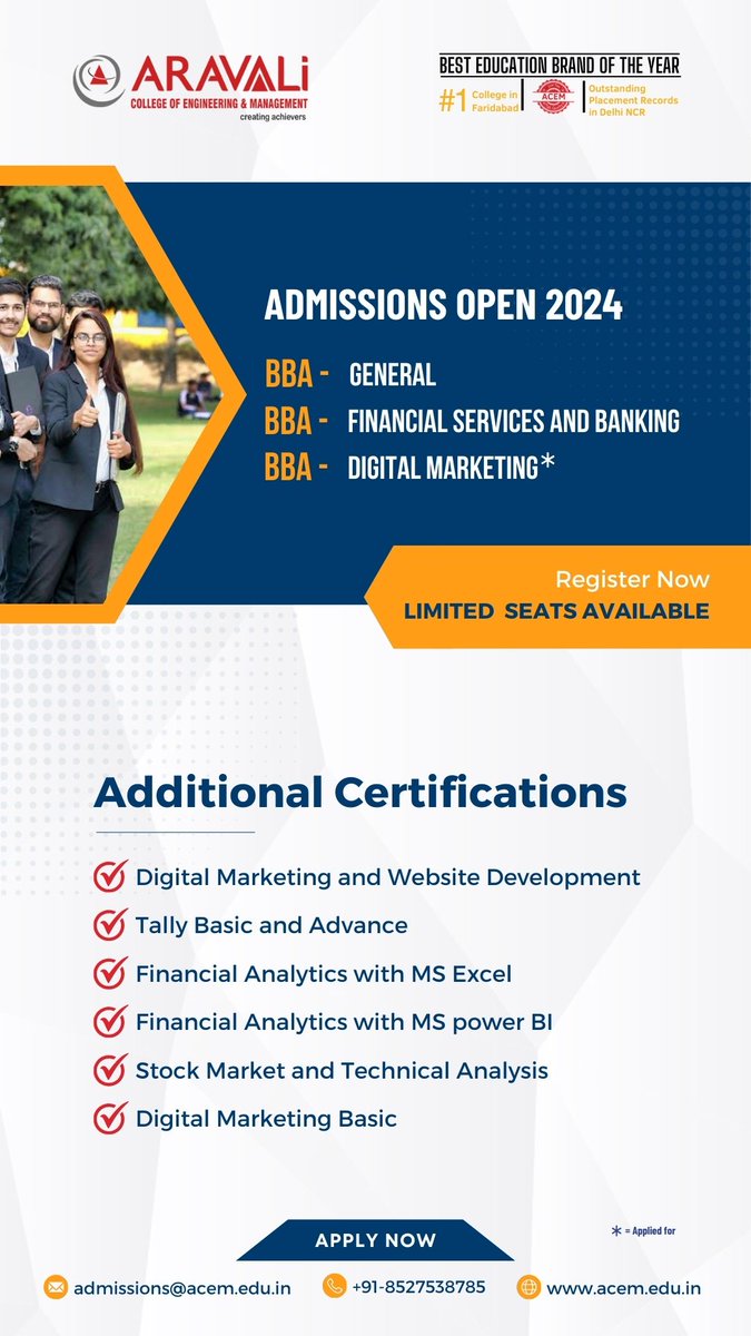 🎓 Earn additional certifications with our BBA program to stand out in the job market.
.
.
.
.
.
.
.
.
.
#BBA #Certifications #CareerBoost #Placements #AdmissionsOpen2024 #GetCertified #LandYourDreamJob #ACEM #AcemIndia #AravaliCollege #BBACollege #Faridabad #DelhiNCR