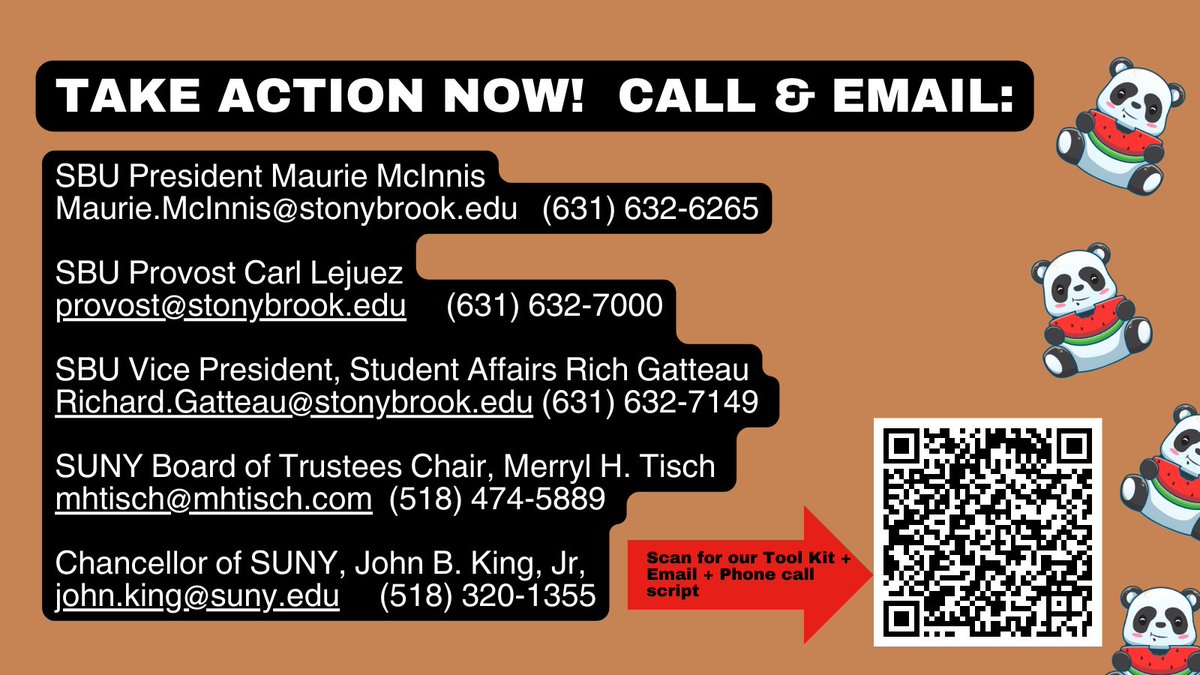 We encourage you to join our campaign #StonyBrookDropTheCharges. Please call and email! Support our students' right to express their solidarity with all who are against war and genocide. 2/2