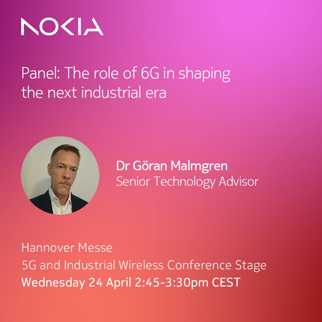 Goran Malmgren is joining his 5 peers today for a panel discussion on 'The role of #6G in shaping the next industrial era'! Don't miss this live session at #HM24 or watch via live stream: nokia.ly/4aJKFvK