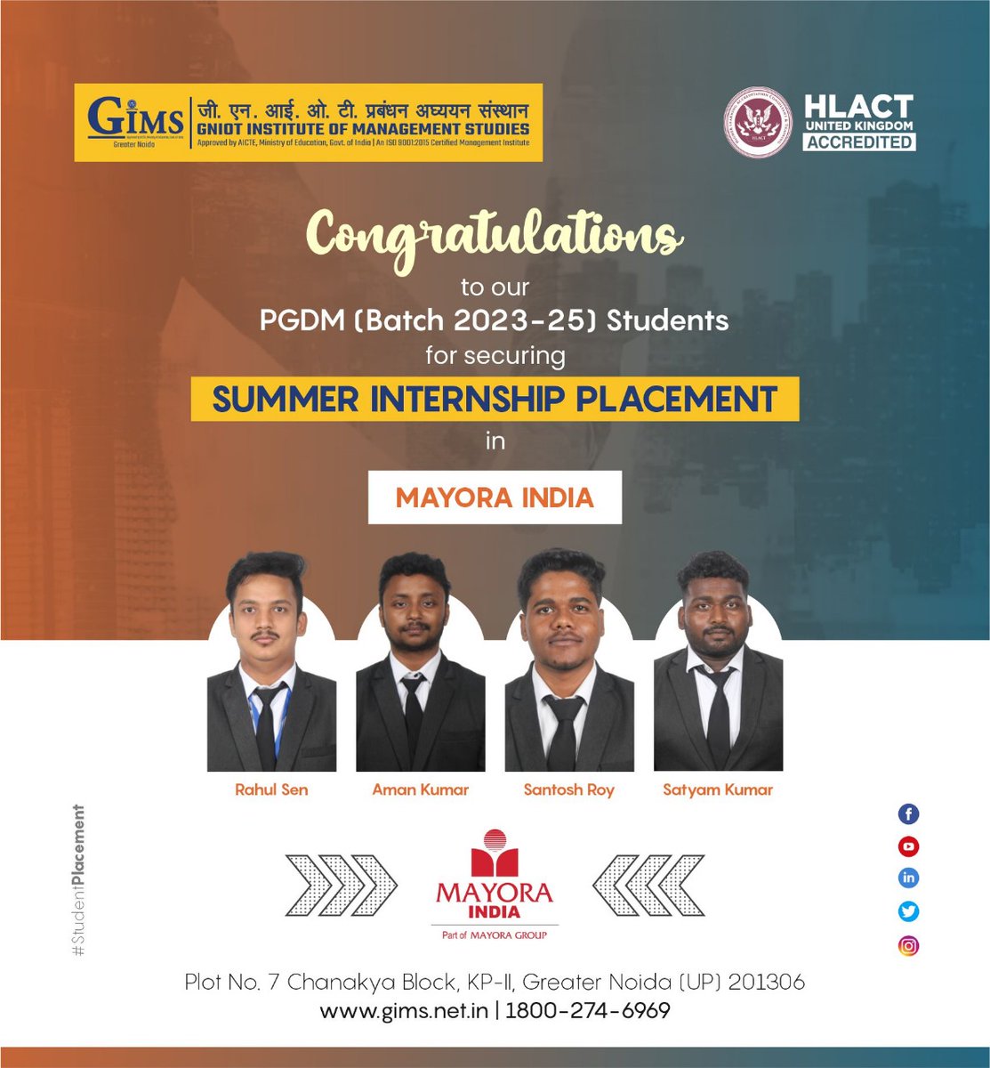 GIMS, Greater Noida proudly announces the SIP selection of its PGDM 2023-25 Batch students in Mayora India. We wish them the best for a great learning experience ahead! Visit our Website: gniotgroup.edu.in Toll Free No.: 18002746969 #gims #gniot #gimsian #SIPplacements