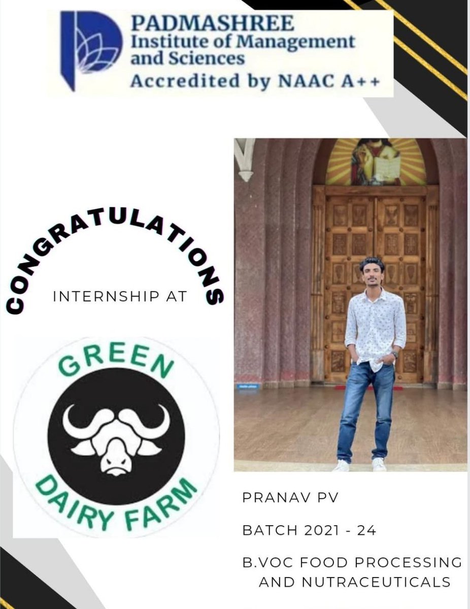 'Heartiest congratulations to Mr. Pranav for securing an internship at Green Diary Farm! 🎉🌟 His achievement, as a student from the Department of B.Voc Food Processing and Nutraceuticals, reflects the excellence and dedication fostered in our program.  #InternshipSuccess #Proud