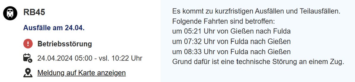 Das dürfte heute Morgen bei Pendlern für Frust sorgen. Die 'Vogelsbergbahn' mit Fahrtausfällen. #Vogelsberg #Bahn