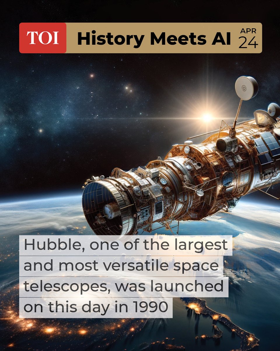timesofindia's tweet photo. #HistoryMeetsAI | The 12.5-ton Earth-orbiting #NASA's #Hubble was launched on April 24, 1990, aboard Space Shuttle Discovery's STS-31 mission.

The following day, Hubble was released into orbit, ready to peer into the vast unknown of space, offering a glimpse at distant, exotic cosmic shores.