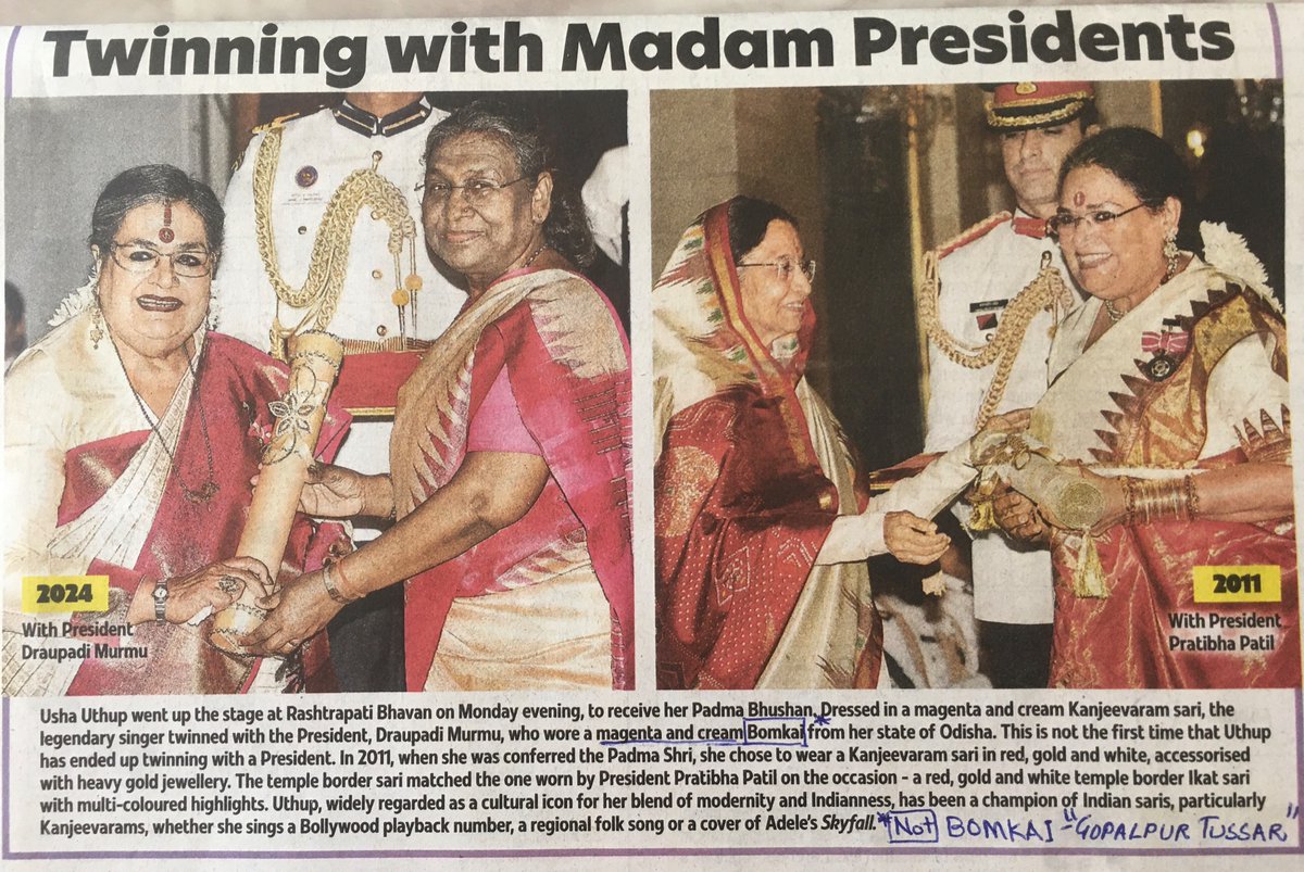 Kindly note: 
President Droupadi Murmu @rashtrapatibhvn wore “Gopalpur Tussar” Saree #PadmaAwards2024 

Type of #OdishaHandloom with the #GITag.

Bomkai Saree is another weave of Odisha with GI.
#OdishaGI #GIsofIndia

#GopalpurTussar Sarees look like this-
x.com/Utkalamrita/st…