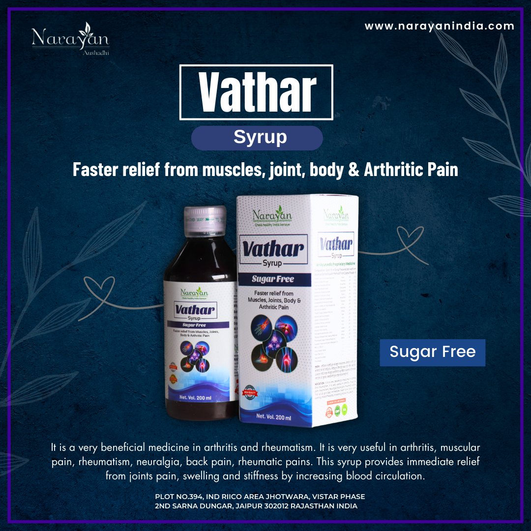 NarayanPharma11's tweet photo. Vathar Syrup
Faster relief from muscles, joints body & Arthritic Pain.
#newpost #vatharsyrup #herbal #narayanapharmaceuticals #ayurvedic #narayanindia #narayan
For more detail About the product
Website: https://t.co/03yoV5KmcX
Caution : Should be taken under medical supervision. https://t.co/DnUIxw1s39