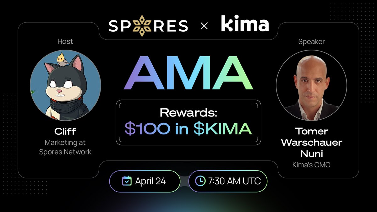 🔔𝗦𝗣𝗢𝗥𝗘𝗦 𝘅 𝗞𝗜𝗠𝗔 𝗔𝗠𝗔🔔

🔥 The countdown is on! A couple of hours to go until our epic AMA session hosted by our fantastic partners, @Spores_Network!

🎙️ Join Kima’s very own CMO, @Crypt0Shmipt0, as he dives deep into the exciting world of Kima. Get the inside scoop