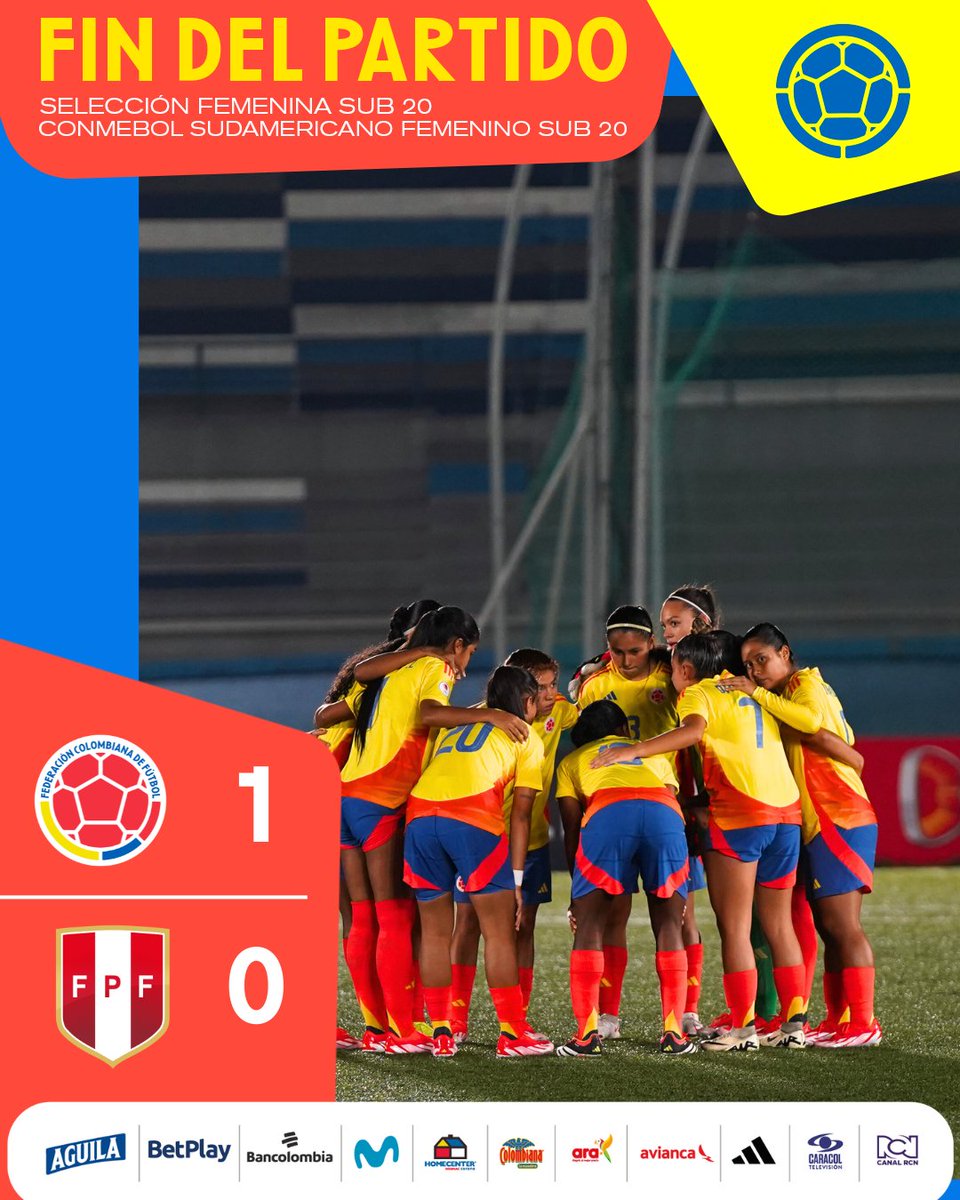 ¡Termina con victoria, el partido contra Perú, por la primera fecha del hexagonal final del CONMEBOL Sudamericano Femenino Sub20! ¡Vamos Colombia! 🇨🇴 1-0 🇵🇪 #TodosSomosColombia🇨🇴 #LaFemeninaNosUne🇨🇴