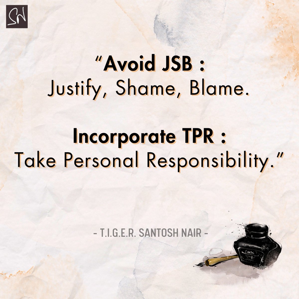 IamSantoshNair's tweet image. Avoid the pitfalls of Justify, Shame, Blame. Instead, embrace the power of Taking Personal Responsibility. It’s your path to clarity and control over your life. Are you ready to take charge? 🛡️ #TakeResponsibility #NoExcuses #SNWISDOM