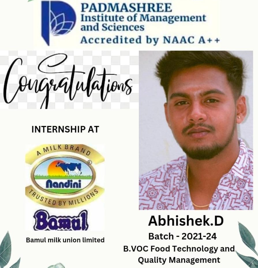 'Heartfelt congratulations to Mr. Abhishek for securing an internship at Bamul Milk Union Ltd🎉 His achievement, as a student from the Department of B.Voc Food Technology and Quality Management, highlights the excellence and industry-readiness of our program #InternshipSuccess