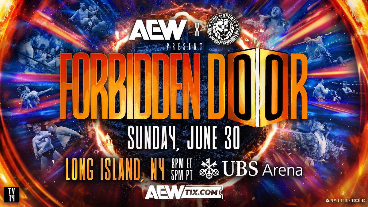 The #AEWxNJPW #ForbiddenDoor opens once again on Sunday, June 30th at the @UBSArena in Long Island, NY! Tickets are on sale now at AEWTIX.com What Forbidden Door matches do you want to see this year? Sound off in the comments 🗣️