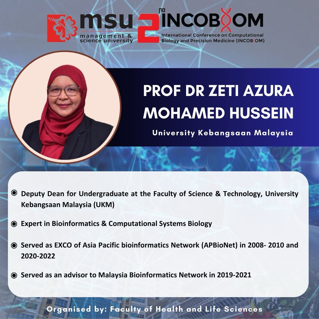 Join us at INCOBIOM 2024, with our amazing speaker line up, *PROF DR ZETI AZURA MOHAMED HUSSEIN*✨ Serving as the Deputy Dean, Faculty of Science & Technology, University Kebangsaan Malaysia. Prof Dr Zeti has shown remarkable work in Bioinformatics & Computational Systems Biology