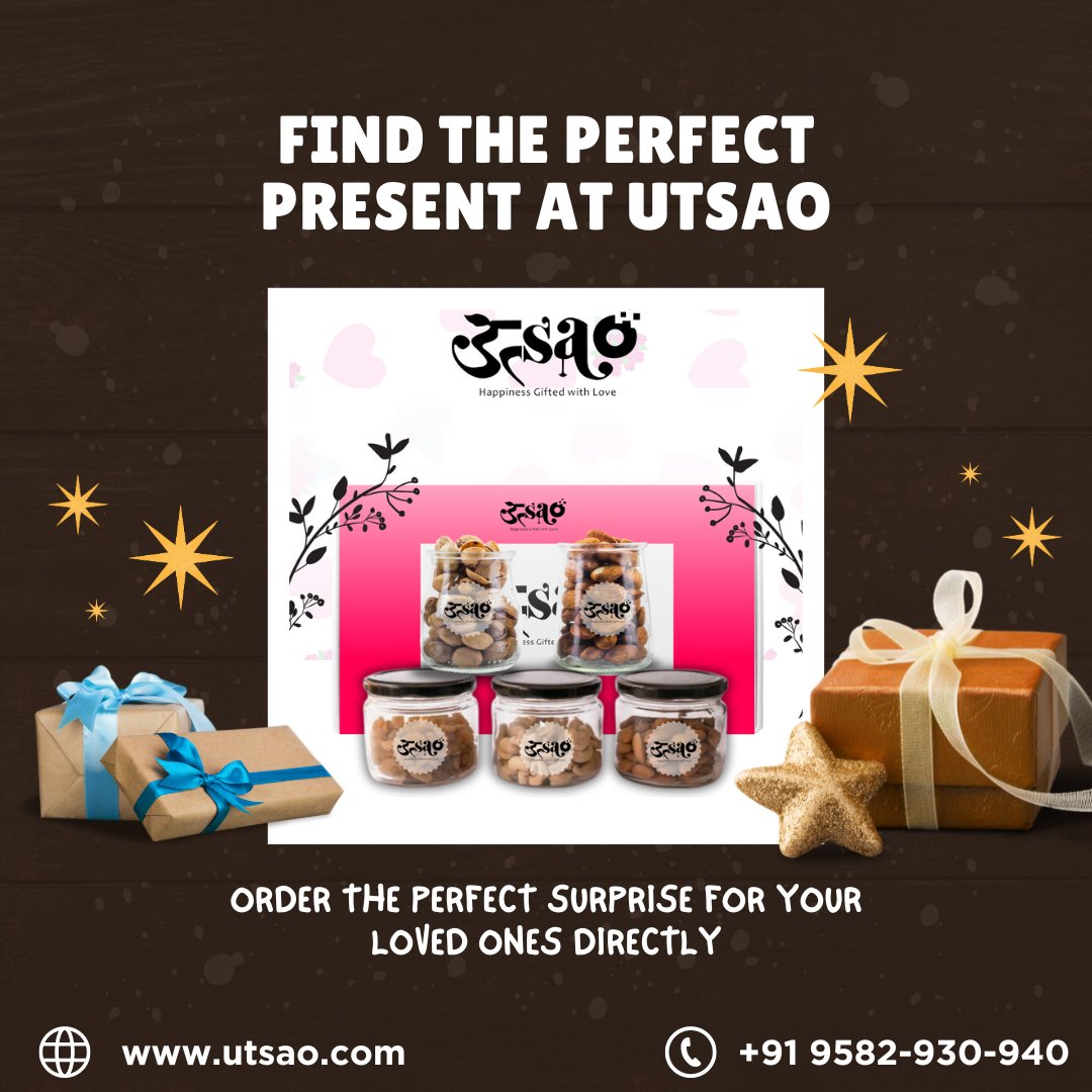 'Elevate Every Moment with UTSAO. Spread joy, share smiles, and create cherished memories with the perfect gift. 🎁✨
.
Contact us for order
📞+91 9582-930-940
📨 info@utsao.com
🌐 utsao.com
.
#giftgiving #celebrate #happiness #spreadlove #smilemore #memories