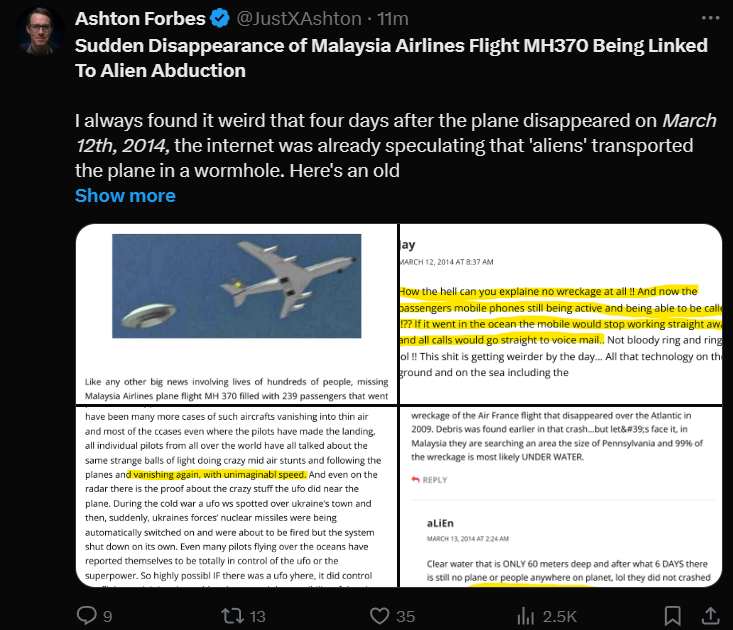 The internet is a big place with many opinions.  You can find people on this very website blaming the Baltimore bridge collapse on UAP/NHI.  That's an event where we actually know what happened.

Especially when there's a mystery, someone is going to blame it on NHI.

#MH370x