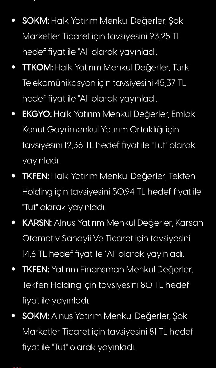 Analist Tavsiyeleri
#ttkom #ekgyo #tkfen #karsn #sokm