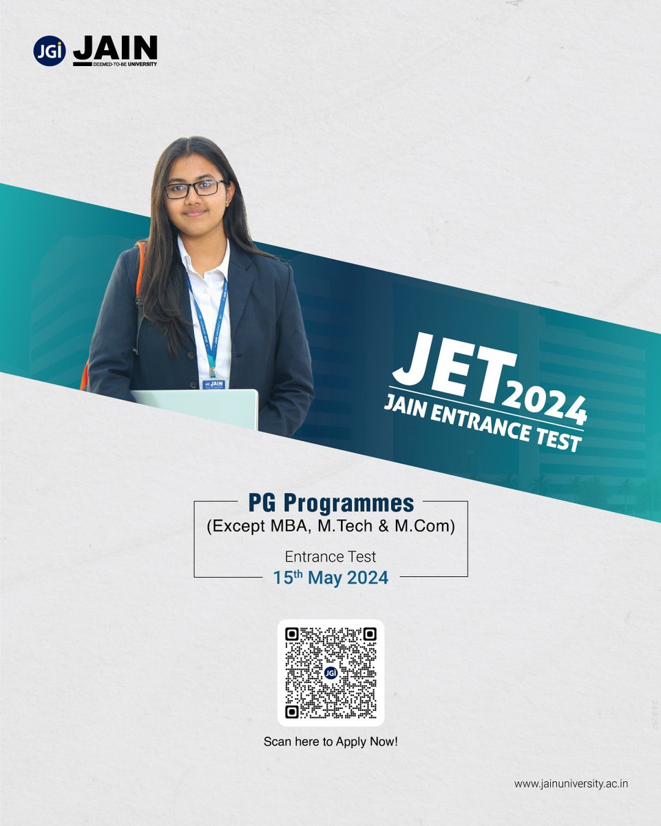 JainDeemedtbUnv's tweet image. Seize the opportunities of premier postgraduate education! Set forth on your path towards advanced learning and academic excellence. Scan the QR code and Apply Now to JET 2024!
#JAINUniversity #JET2024 #EntranceTest #Test #PGProgrammes #Admissions #Education #Future #ApplyNow #JU