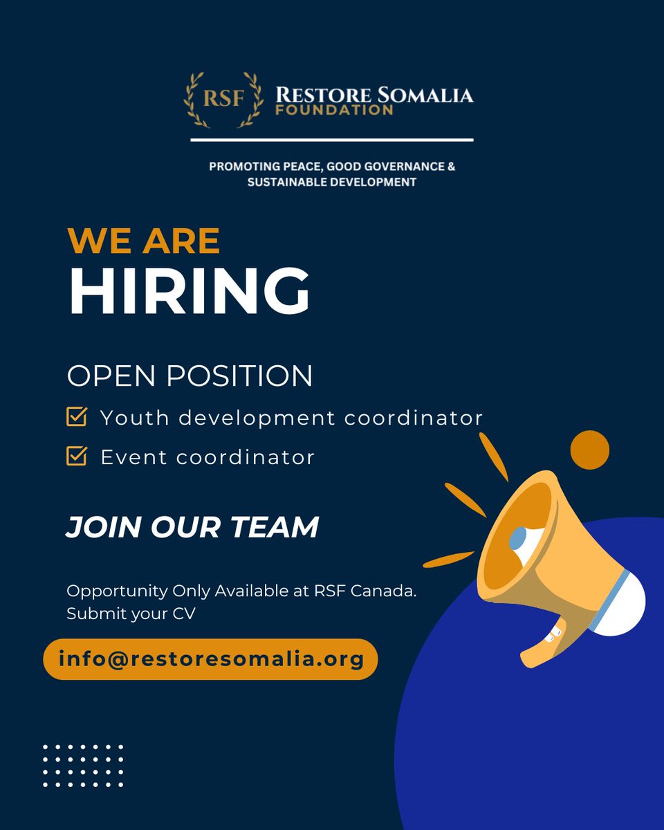 🗣️ We are hiring. Positions available only at Restore Somalia Foundation Canada. 

Youth Employment and Skills Strategy program funded by @ESDC_GC 
#canadasummerjobs 
#youthempowerment #youthleadership