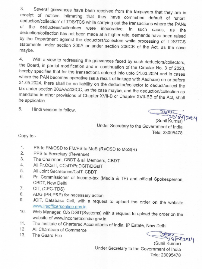 Big Relief / one more chance for Aadhaar-PAN Not Linked Deductees

For transactions entered up to 31/03/2024, TDS Shall not be deducted at higher rate u/s 206AA/206CC if PAN become operative through linking with Aadhaar on or before 31/05/2024.

Many Deductor/Collector have short…