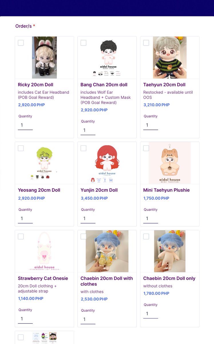 🛒 aidol house Plushies PH GO / Pasabuy order form: bit.ly/3U4i3aE DOO: May 10 DOP: payo or 70% dp # wts lfb group order aidolhouse zb1 ricky plush 20cm doll bang chan yunjin yeosang chaebin taehyun mini txt ateez nature lesserafim skz stray kids