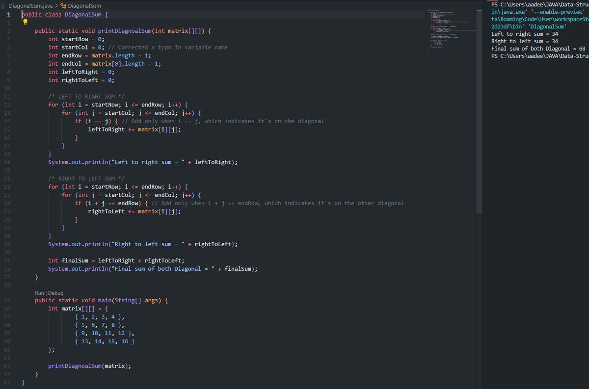 Agrawaldeepak02's tweet photo. π Day 21: Mastered Diagonal sum calculation in @java ! From left to right and right to left, the code now crunches numbers like a pro!
π»π’ #Java #DiagonalSum #JavaJourney πβ¨ https://t.co/23NNZaoZKf