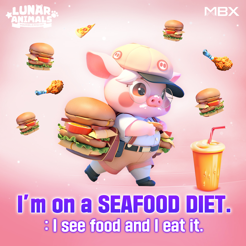 Ever heard of the “seafood diet”?🐷🍔 I just gobble up everything in my sight!😆 #LunarAnimals #NFT #MARBLEX
