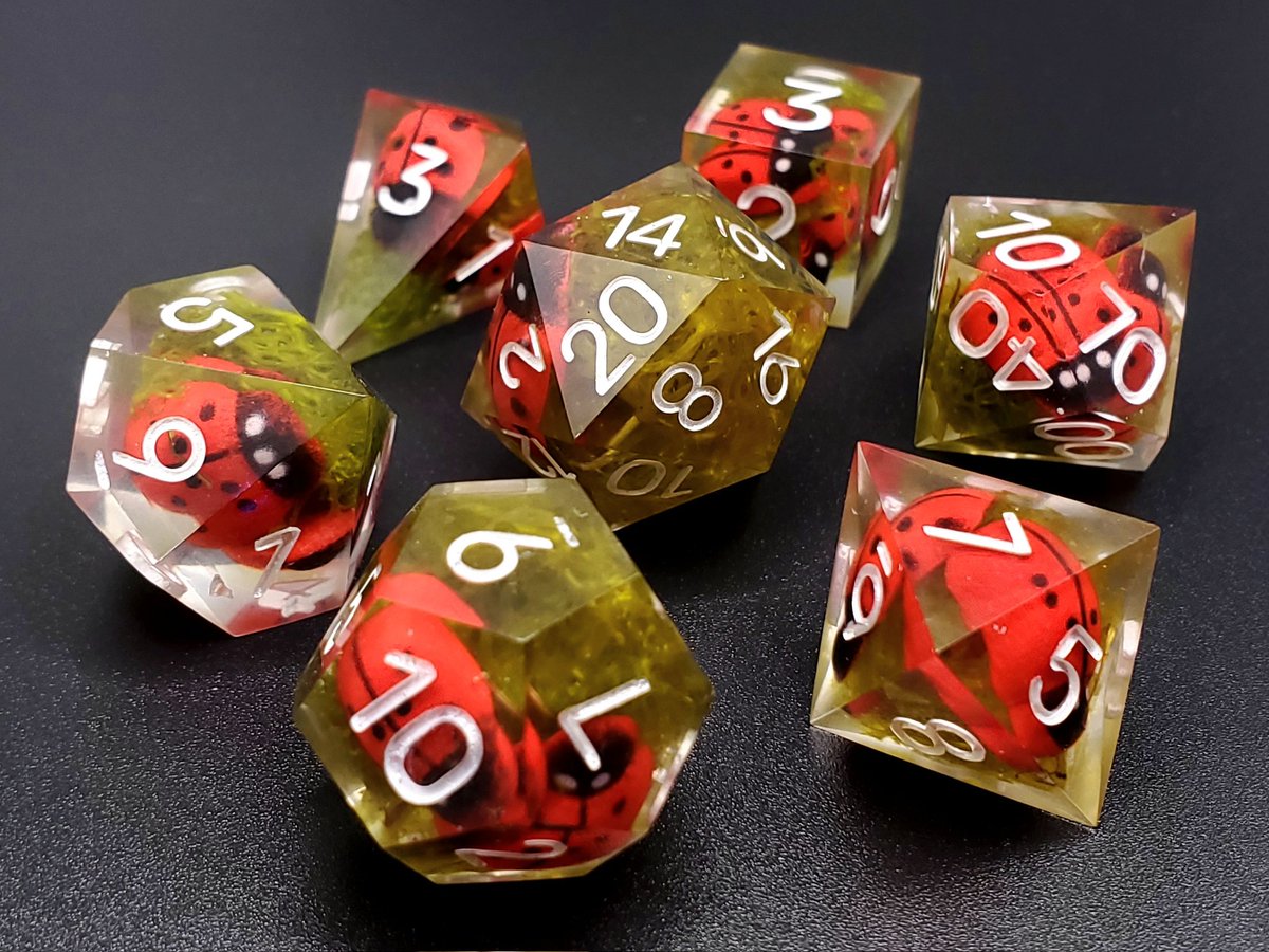 GeekMeUp_Scotty's tweet photo. More ladybug dice! 

#dnd #dungeonsanddragons #dice #ttrpg #handmadedice #sharpedgedice #ladybugs https://t.co/6Hfr3DjY5Z